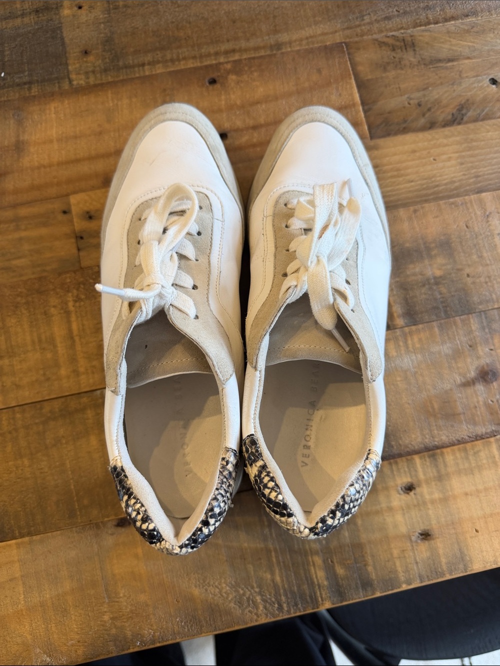 Veronica Beard White Leather Sneakers with Snake-Print Heel